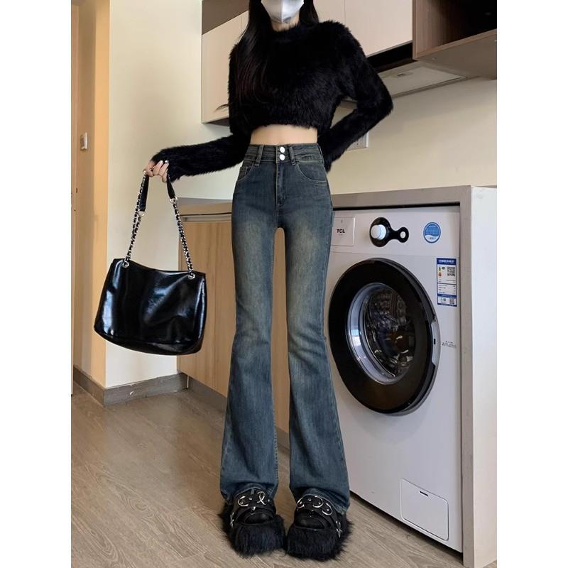 Womens High Waist Stretch Flared Jeans Slim Fit Mid-Rise Denim Pants Casual Korean Style