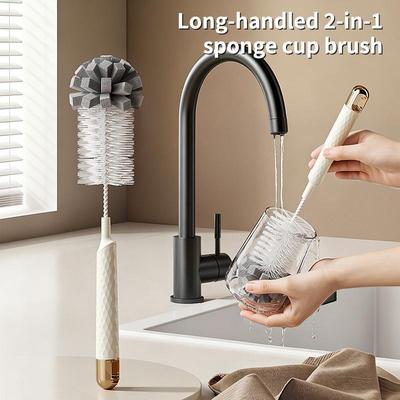 Long-Handled 2-In-1 Sponge Cup Brush, Household Sponge Head Extended Cup Brush, Baby Bottle Brush, Thermos Cup Cleaning Brush