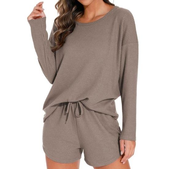 Damen Waffelstrick Pyjama Set Lässiges Langarm Oberteil und Shorts Nachtwäsche 2-teiliges Pjs Lounge Set mit Taschen
