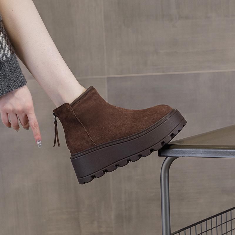 2024 Autumn/Winter Women's Thick-Soled Cow Suede Ankle Boots: Versatile, Height-Increasing, Warm Martin Style