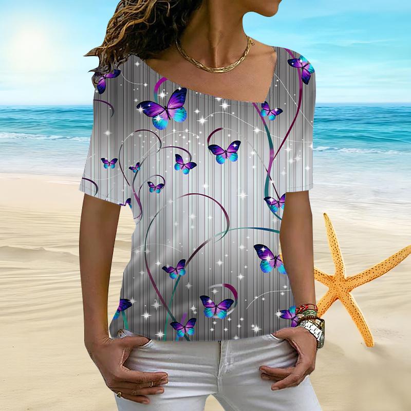 

Женская нижняя рубашка с короткими рукавами и 3D фиолетовым блестящим кристаллическим принтом, нерегулярный воротник, женская футболка 8XL серый