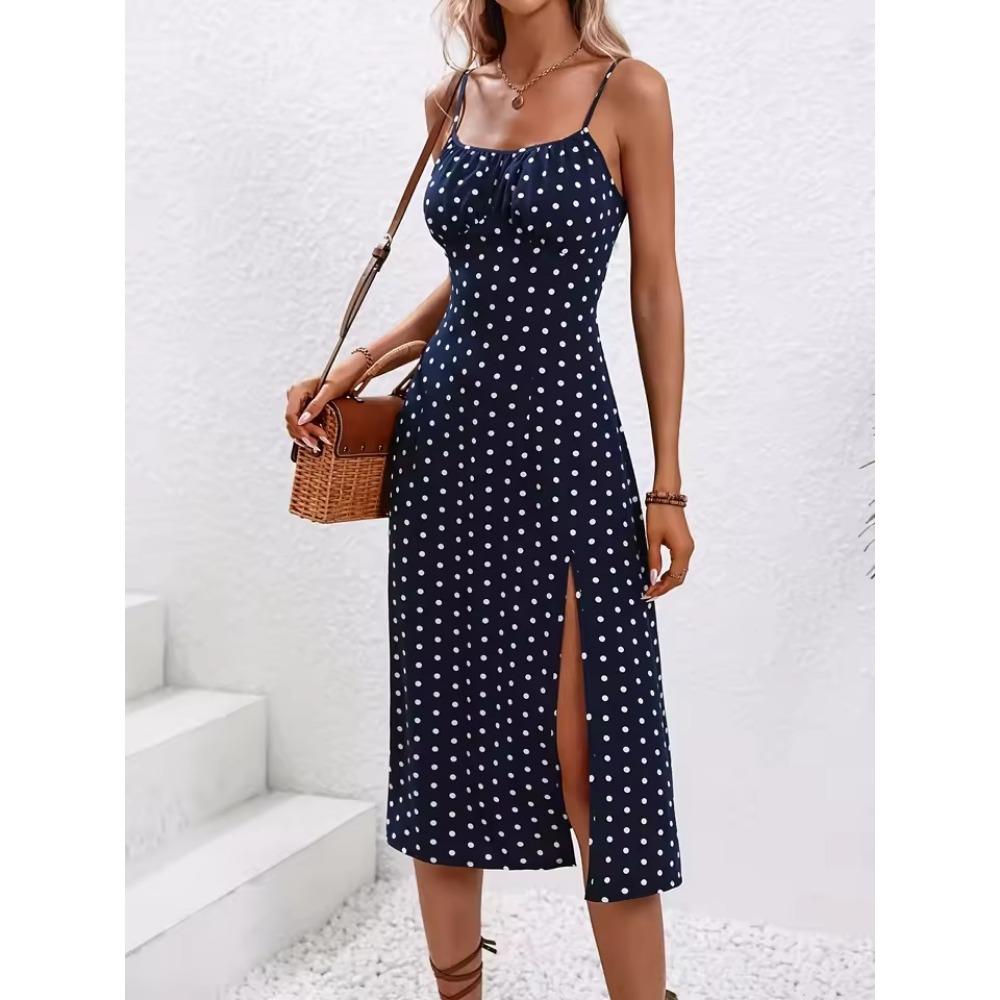 2025 Estate Sexy Spaghetti Straps Dress Donna Moda Polka Dot Stampa Senza Maniche Slit Dress Boho Casual Beach Midi Abiti