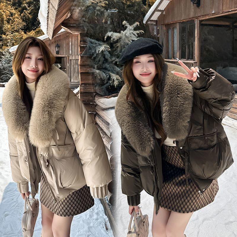 Chic Winter Women Jacket Korean Style Faux Fur Collar Slim Fit Warm Padded Coat Fashionable Outwear