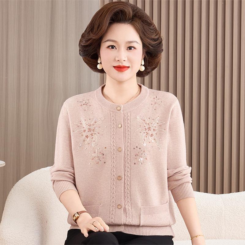 

Red Embroidered Knit Cardigan for Middle-aged and Elderly Women, Stylish Long-sleeved Sweater Coat for Spring and Autumn 4XL (Recommended 145-160 lbs) хаки