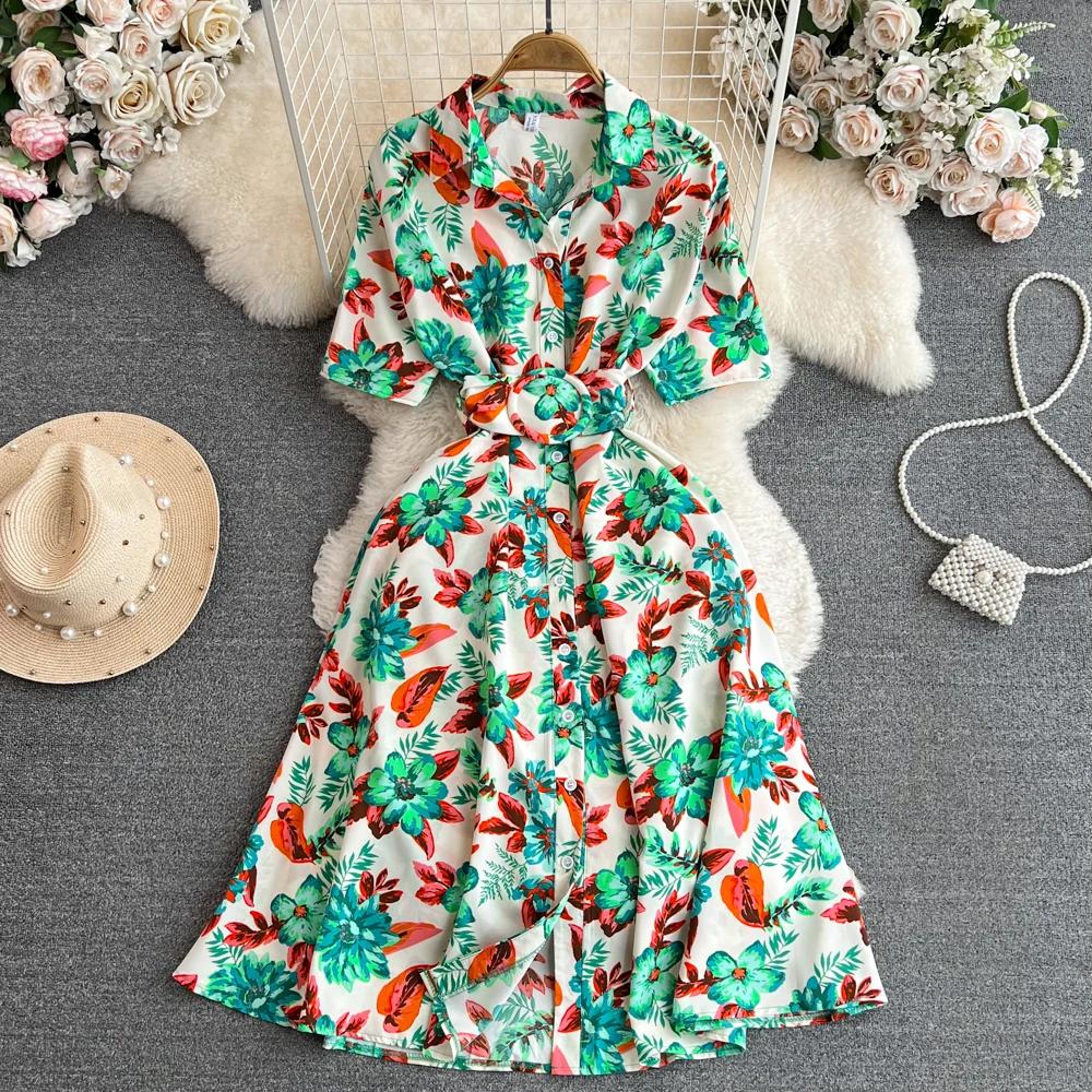 New Summer Women Dress Fashion Print Floral A-line Shirt Dress with Belt Elegant Vintage Off Lady Dress Casual Dresses