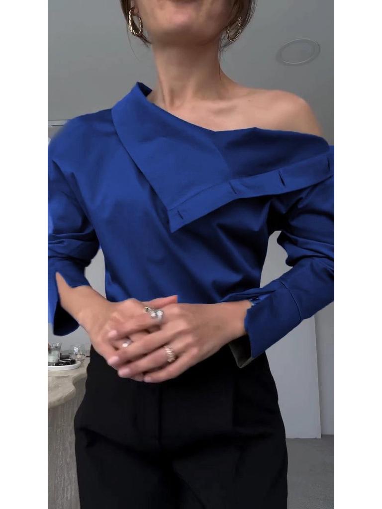 2025 Europeisk & Amerikansk Mode Off-Shoulder Hög Hals Enfärgad Dam Skjorta