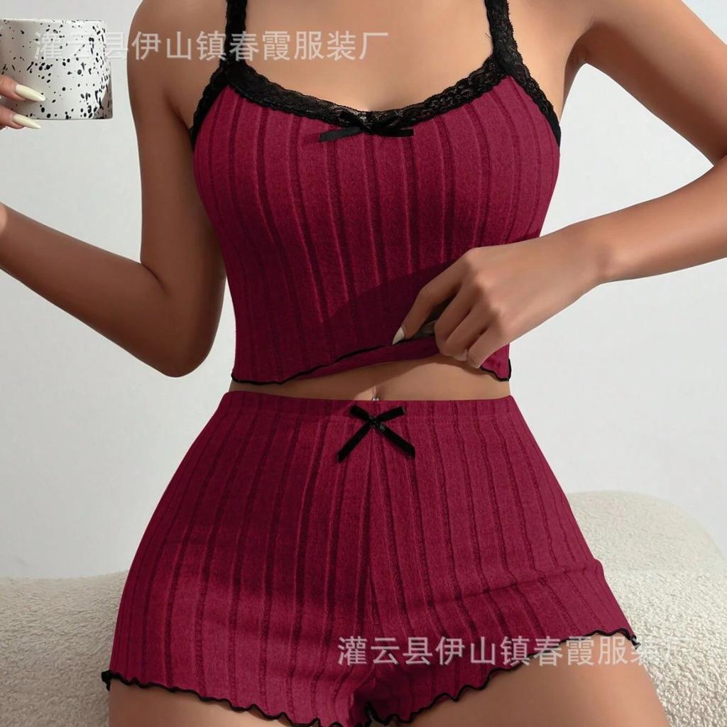 Large size pajamas women's sexy lace edge short-sleeved suspender shorts polished pit strip loungewear