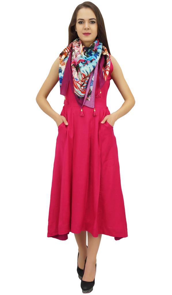 Bimba Women's Designer Rayon Dress With Pockets Solid Aqua Maxi With Scarf -