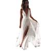 Damen Weiß Spaghettiträger V-Ausschnitt Schlitz Maxikleid Tüll Spitze Patchwork Fließend Hochzeits Braut Strand Abendkleid 2026 Frühling Kleid