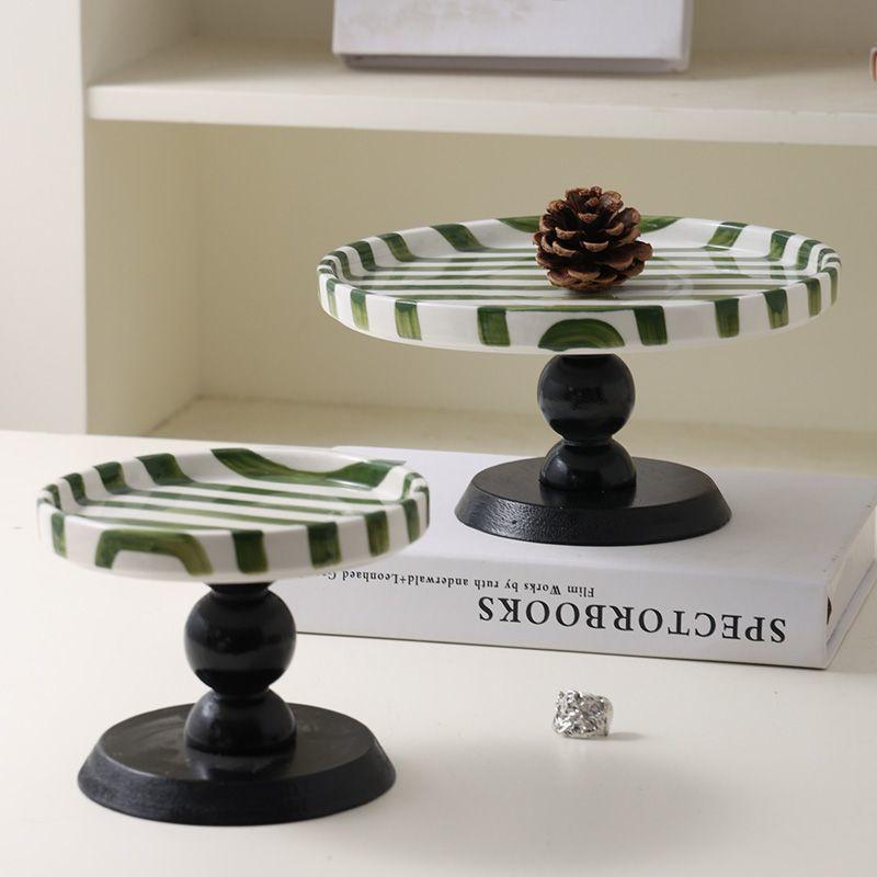 Ceramic Striped Cake Fruit Tray Wood Egg Tray Dessert Storages Shelf Wooden Tall Footed Snack Decorative Tray KitchenAccessories