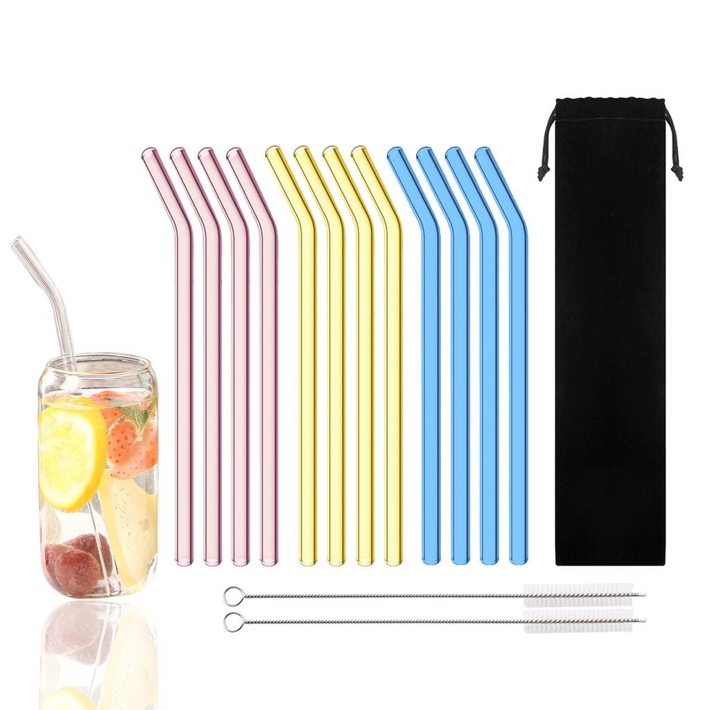 15 Pack Reusable Glass Straws, 8inch X 8mm Drinking Straws Travel Set, Include 12 Straws, 2 Cleaning Brush, 1 Bag, For Smoothies, Beverages, Juice
