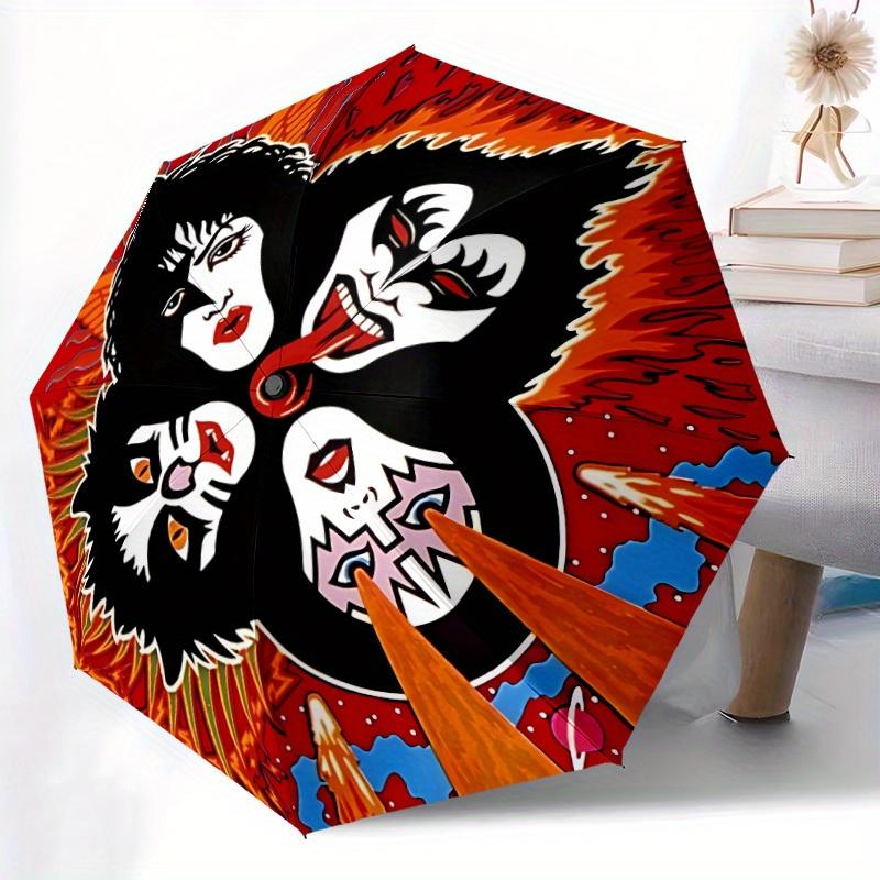 Ombrello Pieghevole Automatico con Stampa KISS Faces e Robusto Telaio in Ferro, Ombrello da Viaggio Compatto Portatile per Tutte le Stagioni Feste003