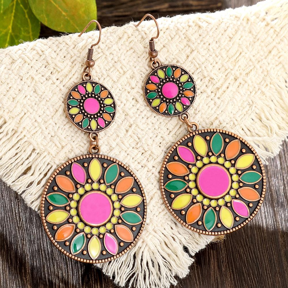 Enamel Flower Round Drop Earrings Ethnic Vintage Earrings for Women Versatile Personality Daily Vacation Wearing Jewelry