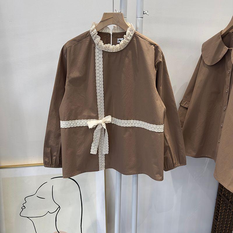 

Color Doudoujia Original Design Lace Lace Collar Long Sleeve Shirt Women Loose Casual Top Women Large Sizes Availiable Brown L(Recommended weight 110-125)