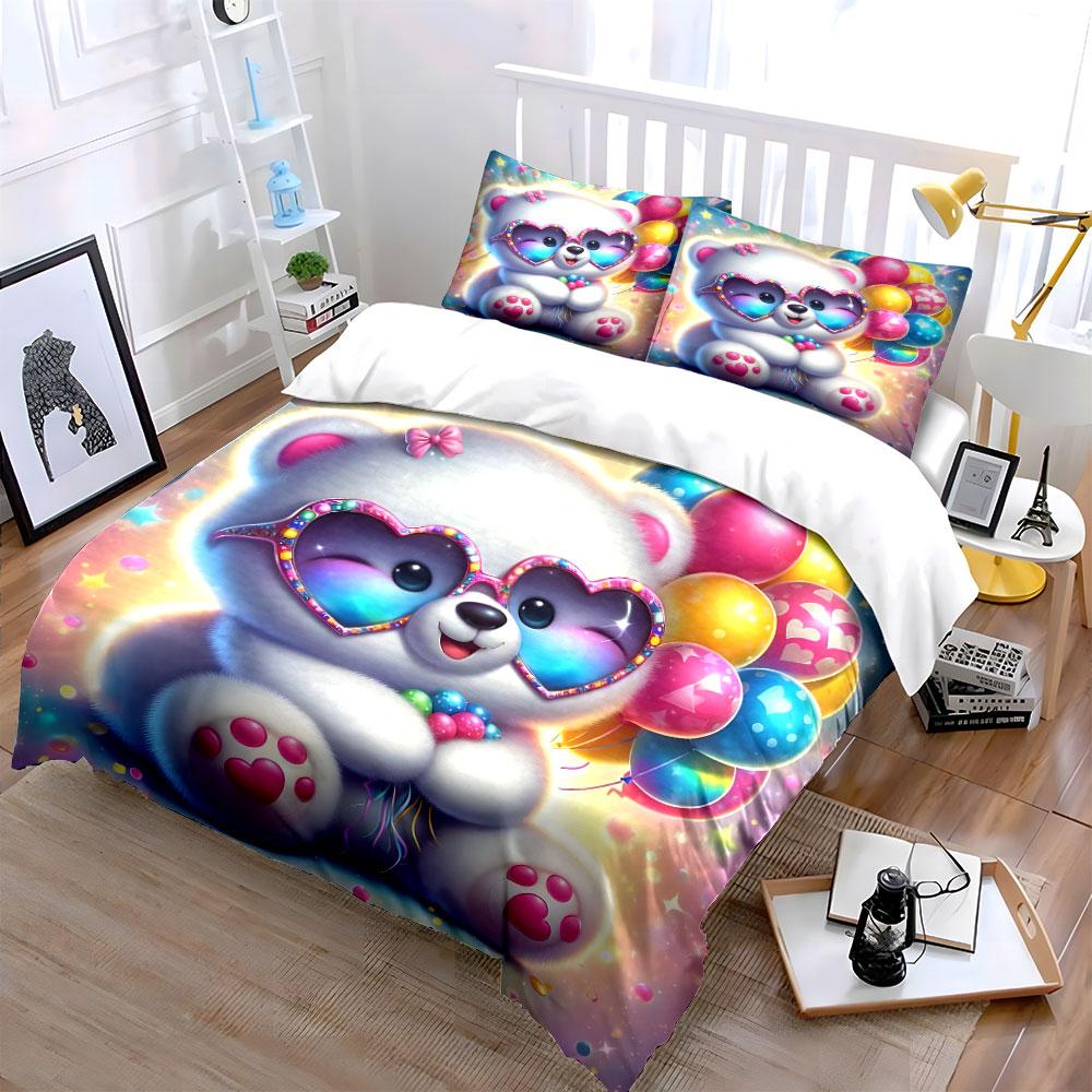 Cute Bear with Heart Balloons Bedding Duvet Cover Set (1*Duvet Cover 2*Pillowcases, Without Duvet Insert)