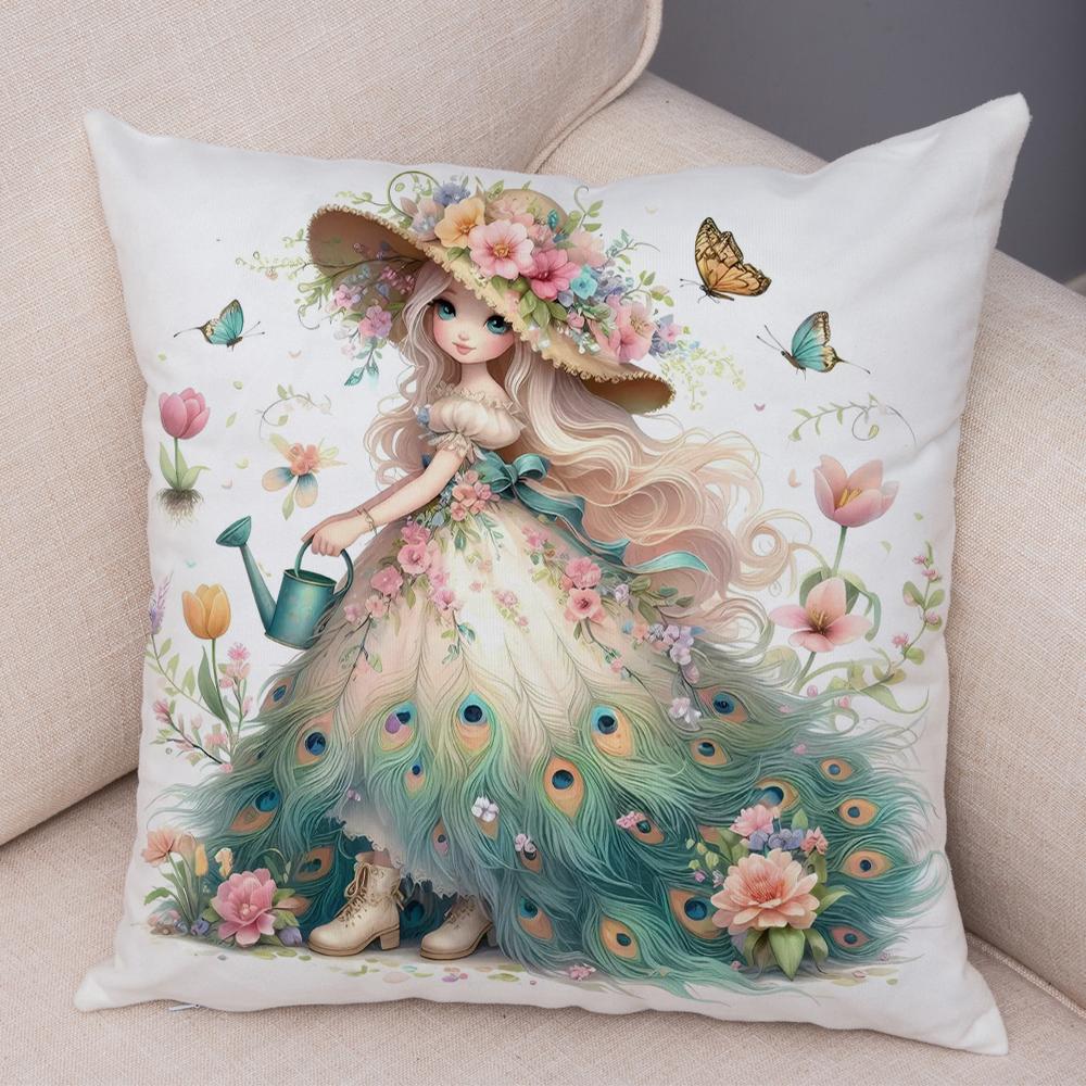 Pfau Blumenmädchen Kissenbezug Doppelseitiger Druck Kissenbezug Dekor Niedlich Cartoon Kind Weicher Plüsch Kissenbezug für Sofa Zuhause 45x45cm