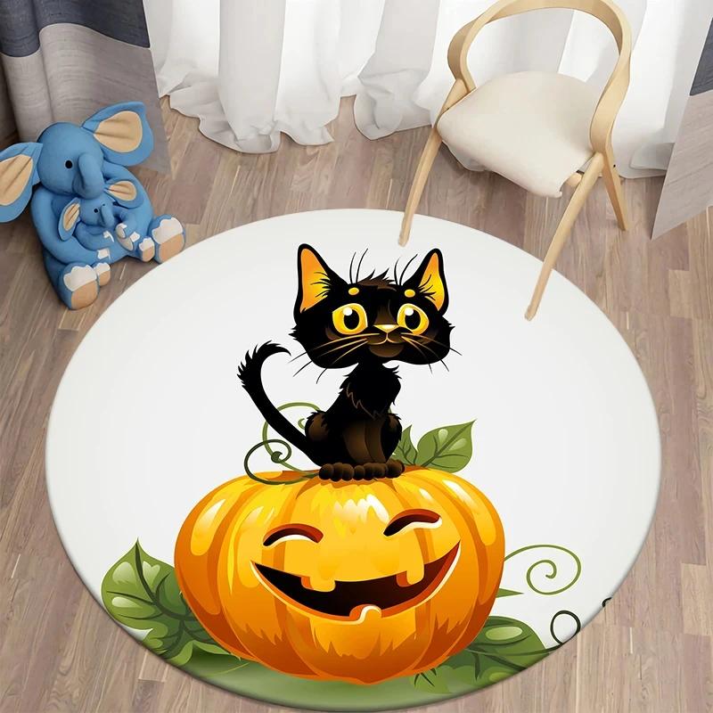 Black Cat Round Carpet Kawaii Cartoon Animal Print Rug for Living Room Bedroom Chair Decor Comfort Yoga Mat Non Slip Floor Mats