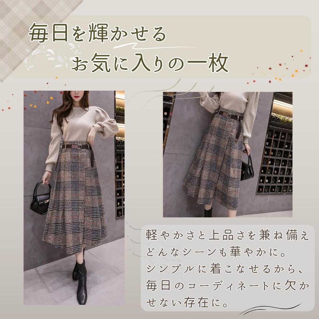 VIVEL Elegant and Lightweight Long Skirt for Flared Long Check Midi Asymmetrical High Waist Women's Fall/Winter, A-Line Skirt, Skirt, Length, Belted,