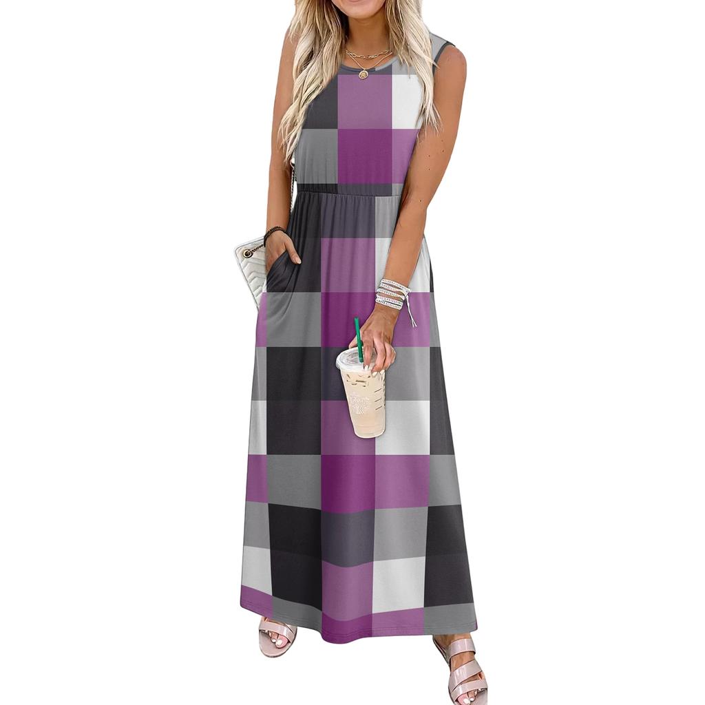 Ladies' Plaid Printed Casual and Fashionable Waist Cinched Sleeveless Dress
