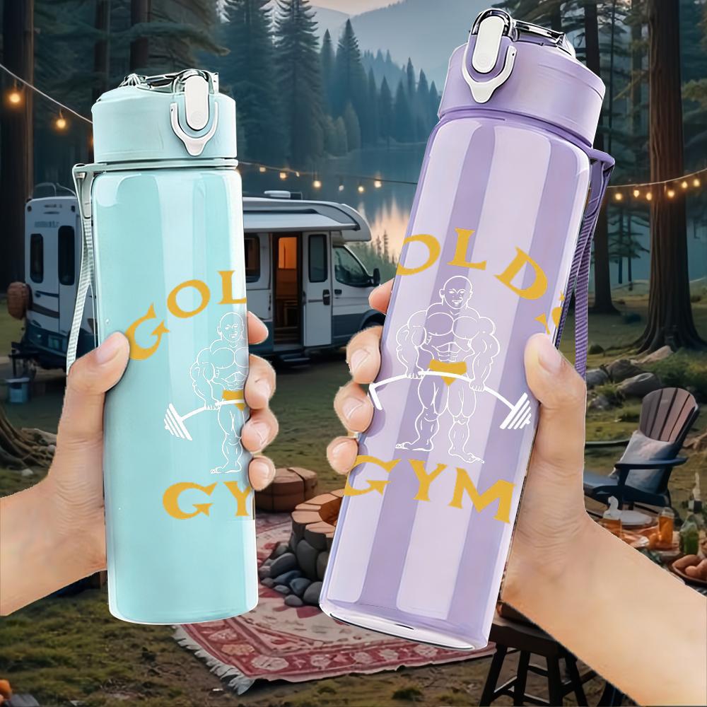 1PC Golden Gym Vintage Text Print 750ml colorful plastic sports water bottle leakproof pop up lid with straw for outdoor work home use