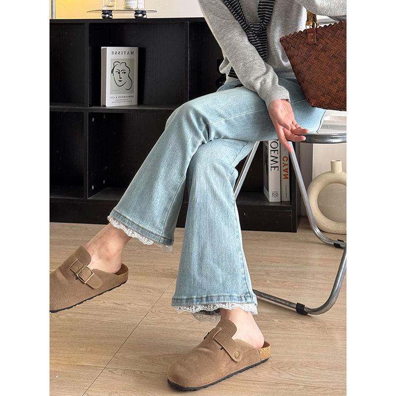 

Ретро Джинсы Клеш с Кружевной Отделкой: С высокой талией, стрейч, большого размера, стройнящие, укороченные для женщин - Осенняя коллекция 5XL светло-синий