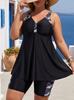Plus Size Women's Leaf Print Tankini Swim Dress - White
