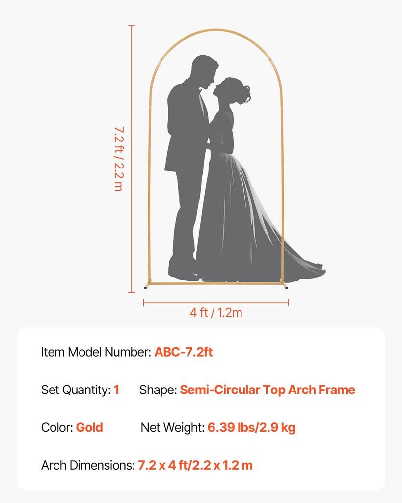 Arch Backdrop Stand, 2.2 x 1.2 m, Stable Structure, Easy Assembly, 1 Piece Gold Metal Arch Backdrop Stand for Wedding, Birthday Party, Graduation,