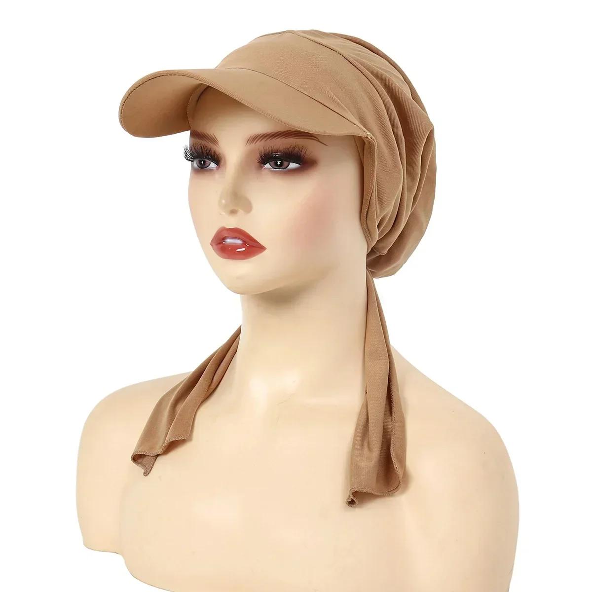 Nieuwe Dames Voorknoop Hoed Moslim Binnen Hijab Hoofddoek Lange Staart Haaruitval Chemo Kap Bonnet Turban Bandana's Hoofdband Turbante Mujer beige