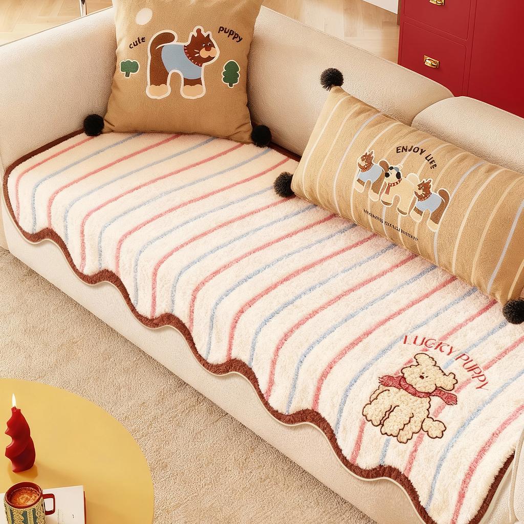 One-Piece Model Cute Cartoon Style Plush Sofa Cover  New Fixed Anti Slip Anti Cat Scratch Straight Row Sofa Cover Cushion