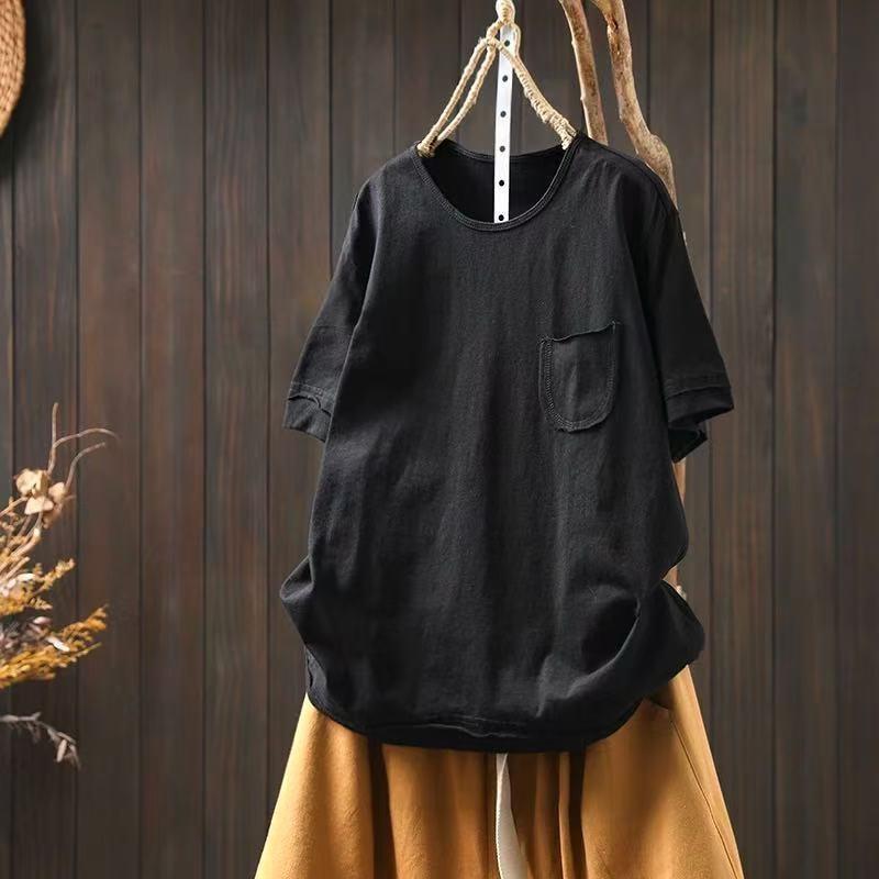 Johnature Women Vintage T-Shirts O-Neck Short Sleeve Soft Summer Patchwork Pockets Casual T-shirts Female