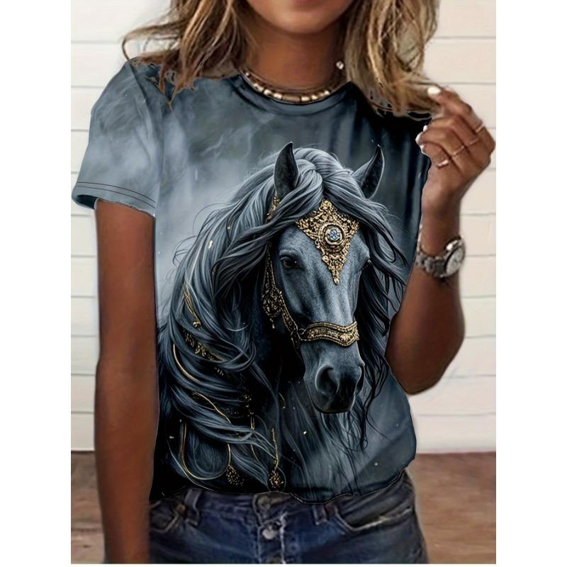 Women's Tee - Ornate Gilded Blue Horse Graphic, Regal Mythical Steed Design for Casual Daily Wear