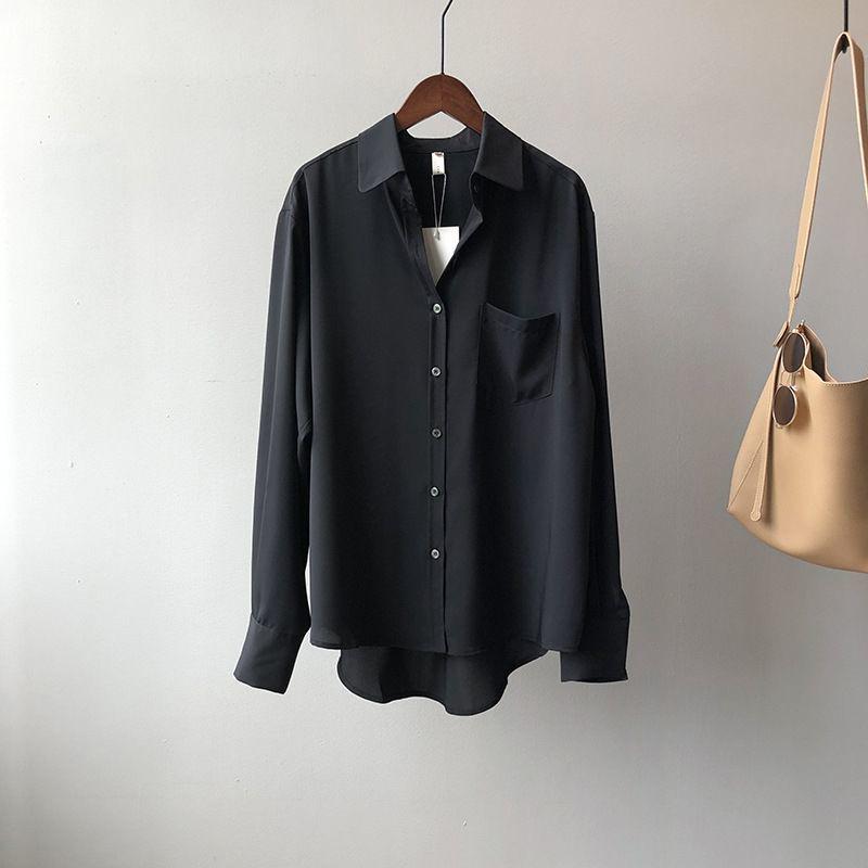 Women's Loose Gray-Blue Long-Sleeve Shirt - Niche Korean Hong Kong Style for Spring and Autumn