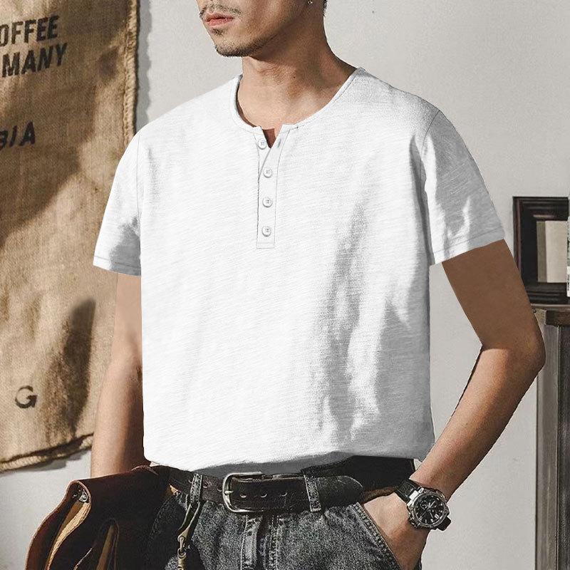 Мужская футболка из тяжелого бамбука с воротником Генри, летние повседневные однотонные мужские топы на пуговицах с короткими рукавами в американском стиле большого размера S белый