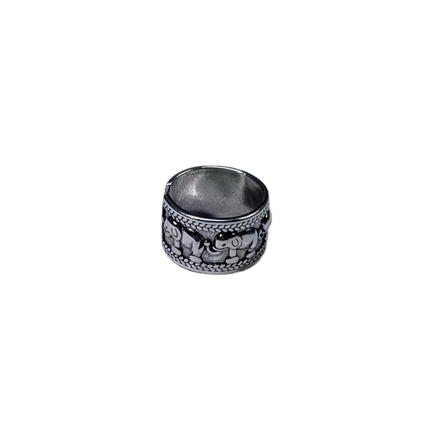 Korean Retro Ethnic Elephant Wide Band Ring in Aged Thai Silver Adjustable Open