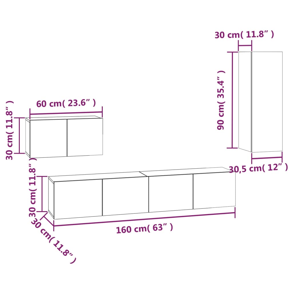 4 piece TV cabinet set smoked oak effect particleboard
