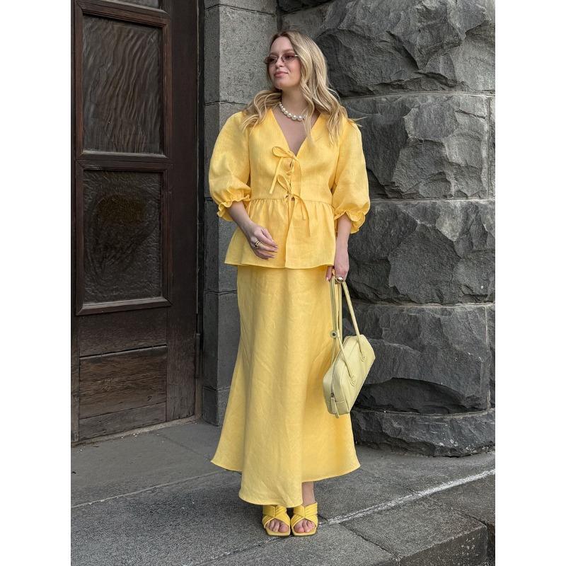 European and American new V-neck bubble sleeve lace-up top high waist skirt set