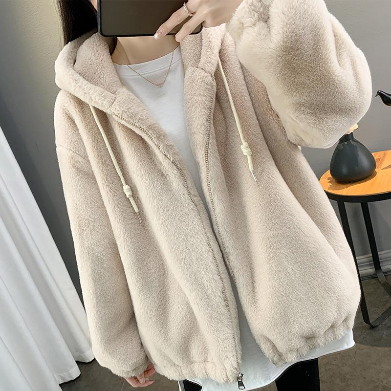 Imitacja leniwego futra królika damska średniej długości luźna kurtka zagęszczony płaszcz z wełny jagnięcej z kapturem ciepły pluszowy płaszcz zimowy