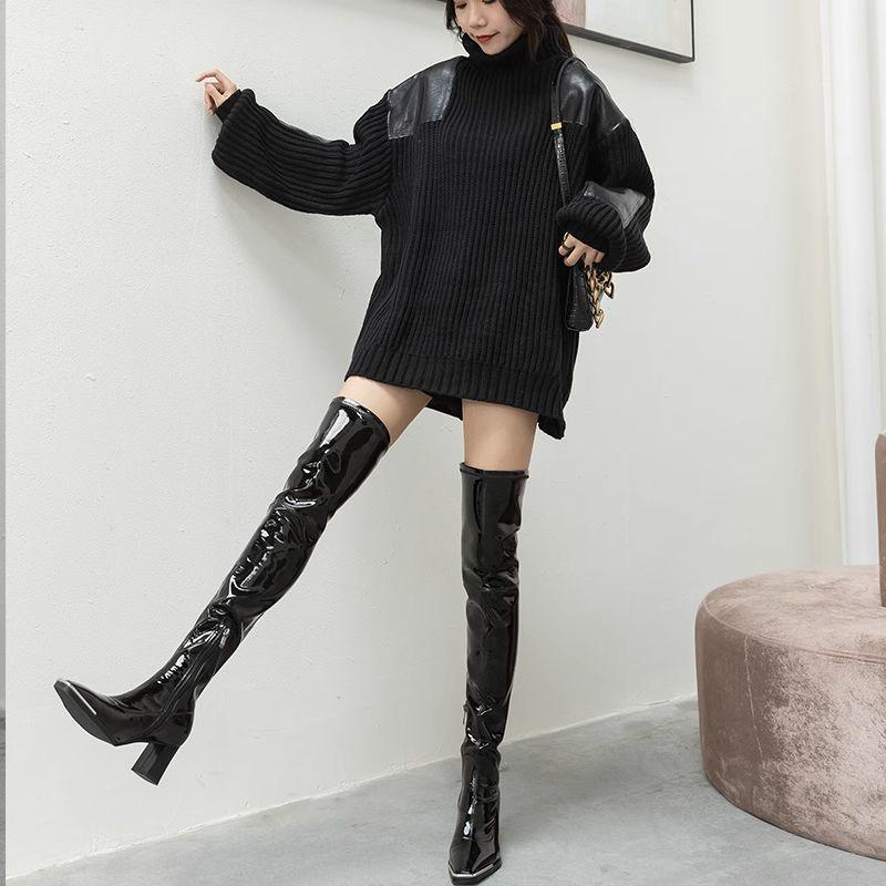 Sleek Kendall Jenner Patent Leather Thigh-High Boots - Autumn/Winter Collection with Elastic High Heels and Plus Velvet Finish