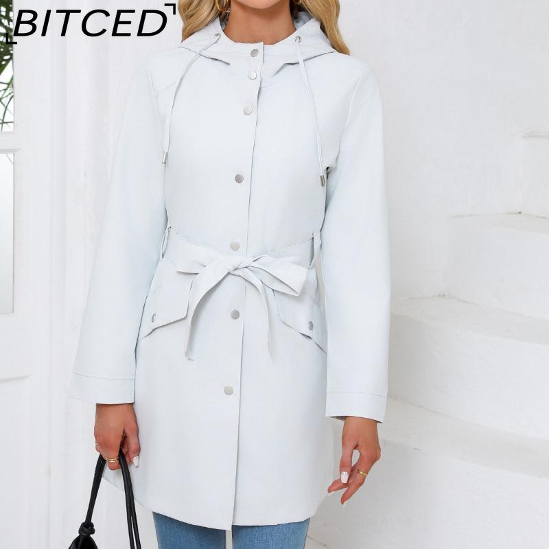 BITCED Women's Spring/Autumn Hooded Water-Resistant Jacket with Belted Waist Lightweight Casual Oversized Trench Coat