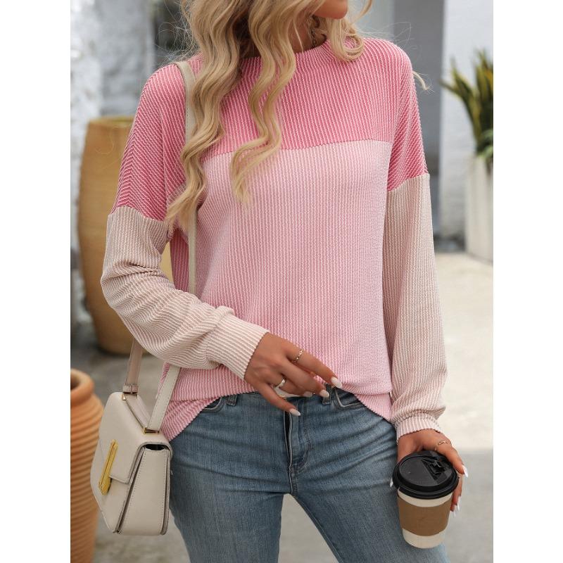 Loose Long Sleeve Colour Block Top Women Spring Autumn Round Neck Twisted Stripe