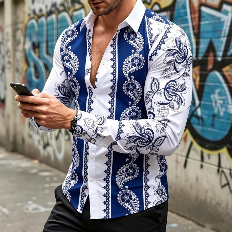 Men's long-sleeved collared shirt, ethnic print, flowy shirt, plus size street style casual cardigan top