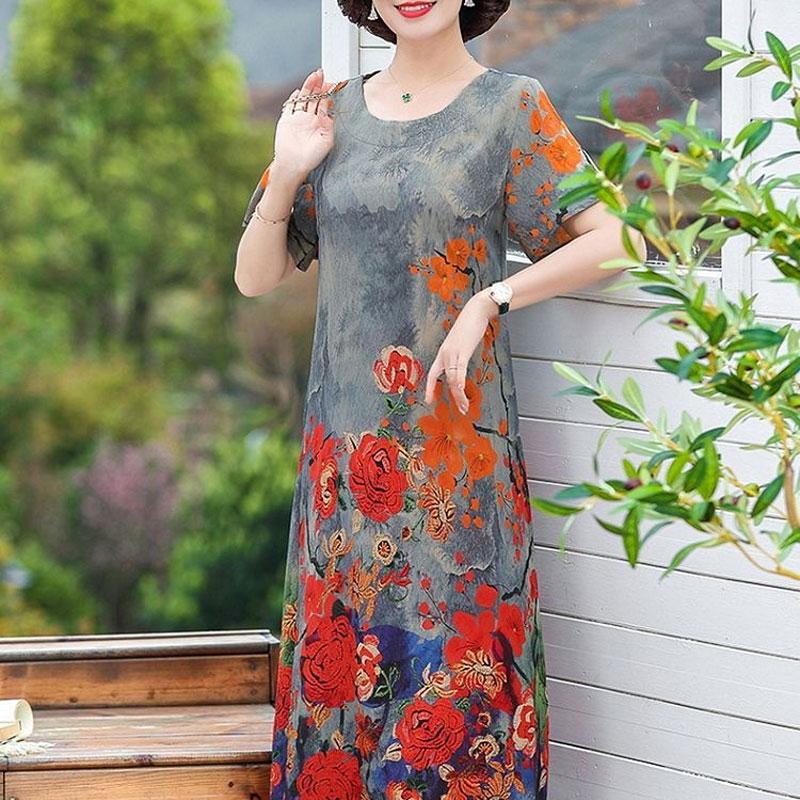 Casual Vintage Floral Printed Midi Dress Folk Female Clothing O-Neck A-Line Summer New Short Sleeve Stylish Spliced Dresses