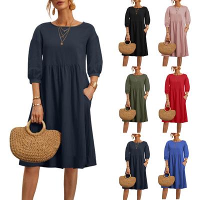 Robe Mode Femme Manches 3/4 Couleur Unie Manches Lanterne Plissée Ample Coton Lin Poche Robe