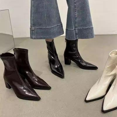 Autumn and Winter New Pointed Thin Thick Heel Middle Heel Short Boots Rear Zipper Versatile High Heel Thin Boots Women's Shoes