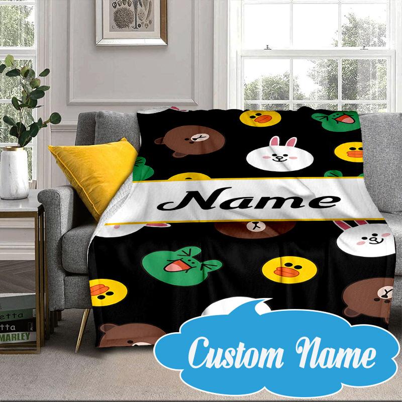 Custom Name Cute Cartoon Brown Bear Blanket bed sofa Blanket Flannel Blanket for Camping, Hiking, Picnic Essentials,gift for Fan family