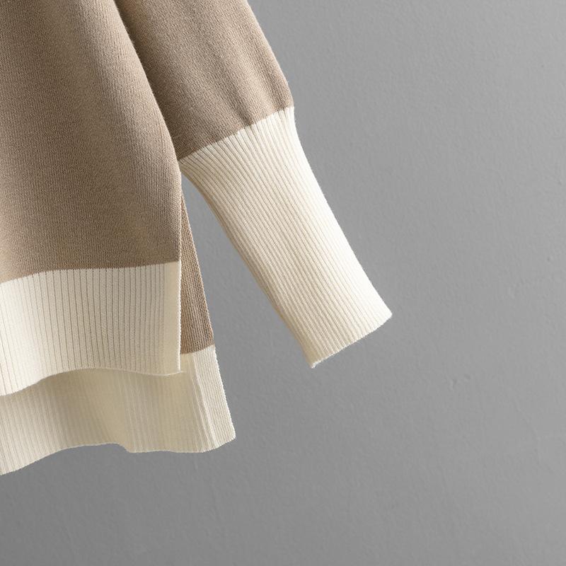 QICED Fashionable and Casual Women's Autumn and Winter V-neck Color-blocking Knitted Sweater and Loose Wide-leg Pants Two-piece Set