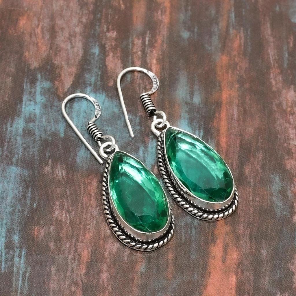 Boucles D'oreilles Argent Sterling 925 Avec Diopside Chromé Vert - Pierre Principale Cabochon - Neuf Sans Emballage