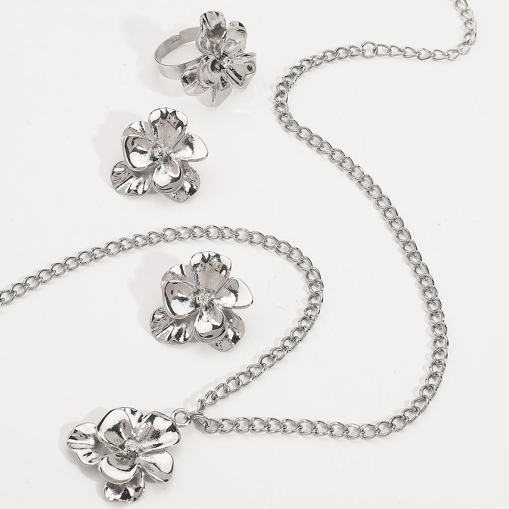 Women French Minimalist Design Metal Flower Stud Earrings Elegant Double Layer Flower Rhinestone Necklace Ring Jewelry