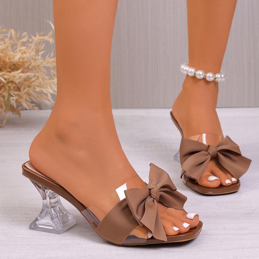 Design Pink Bowtie Decor High Heels Sandals for Women Summer Light Square Toe Slippers Fashion Plus Size Thin Heeled Party Shoes