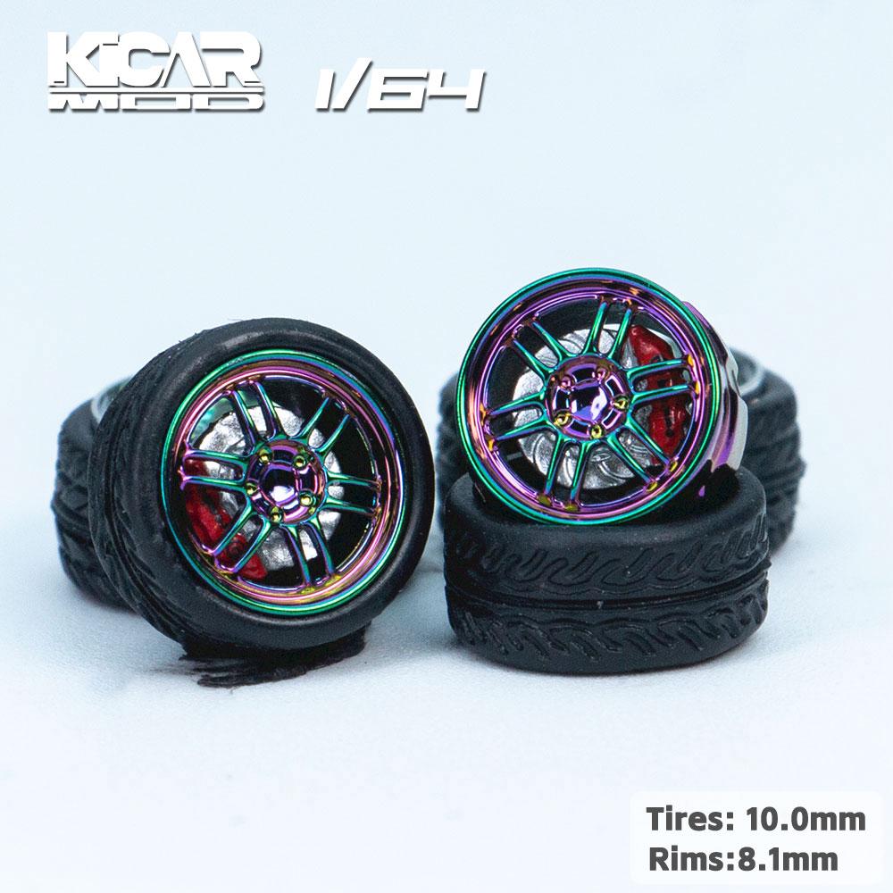 

Kicarmod 1/64 Model Car ABS Wheels Iridescent with Rubber Tire Brake Disc 4PCS Refitting Parts Diameter 10mm For Hot Wheels